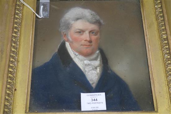 19th century English School, oil on mill-board, portrait of a gentleman, 27 x 22cm and a pastel portrait of the same gentleman